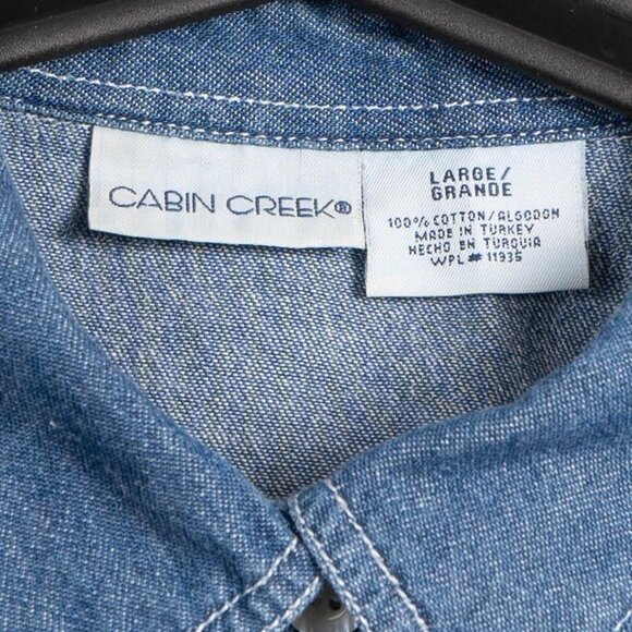 Y2K Denim Button Up Shirt L Womens Western Ruffle Cotton Blue Jean 90s MomCore - Picture 4 of 5